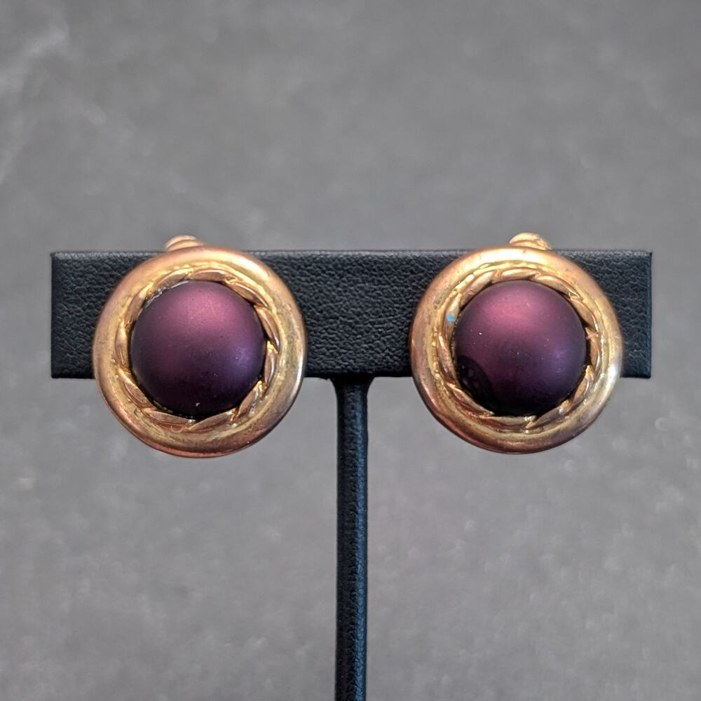 Vintage Clip On Earrings Dark Plum-ish Burgundy Regal Statement - Fair Condition